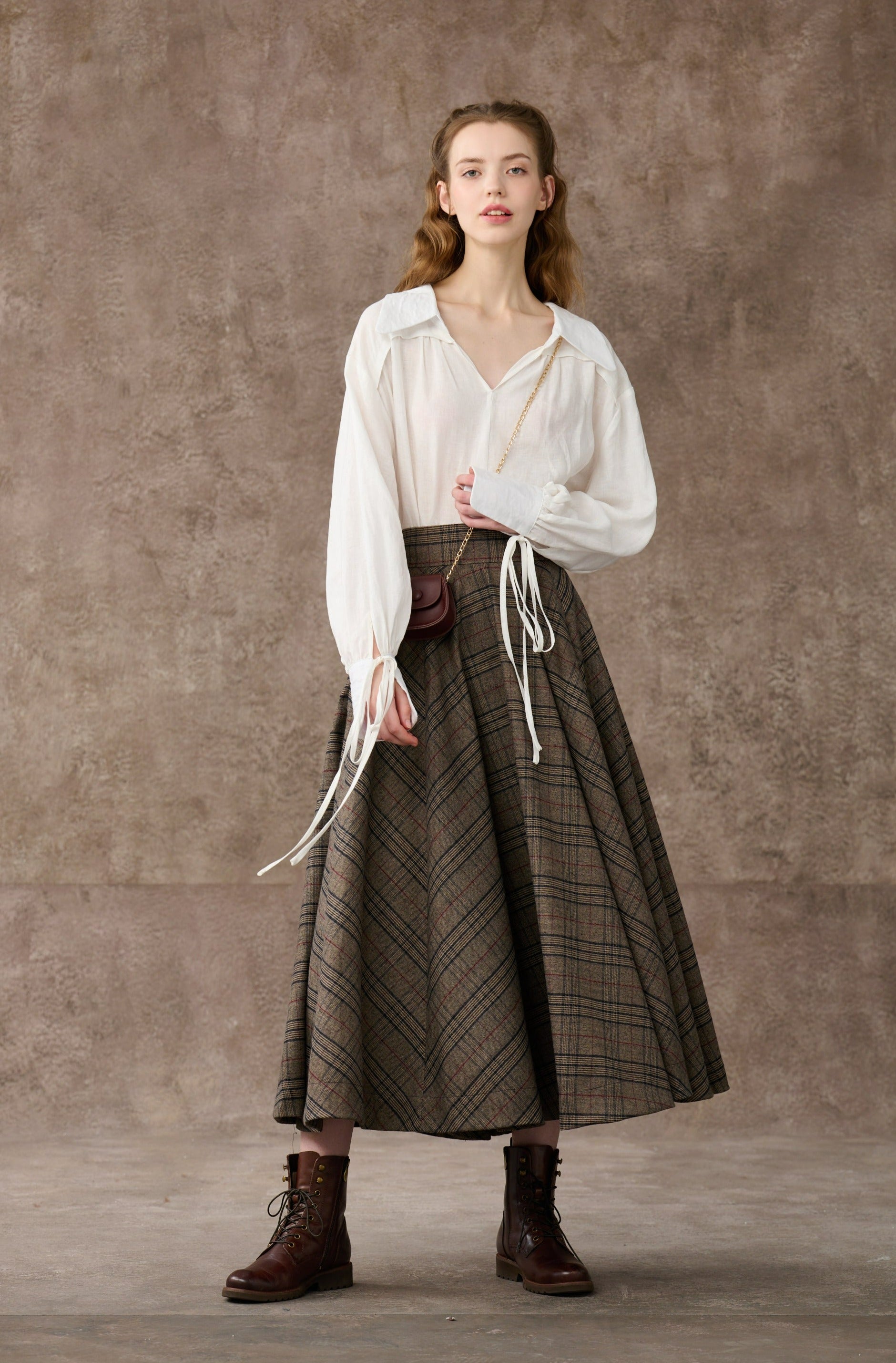 the Great Perhaps 2  Tartan Wool Skirt in brown – Linennaive