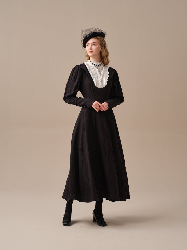 Luna 19 | 100% linen pintucked black dress