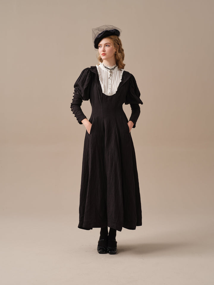 Luna 19 | 100% linen pintucked black dress