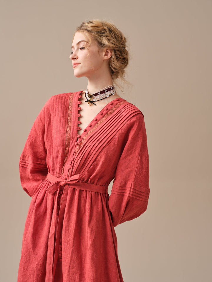 OCTAVIA 17 | PINTUCKED V-NECK LINEN DRESS