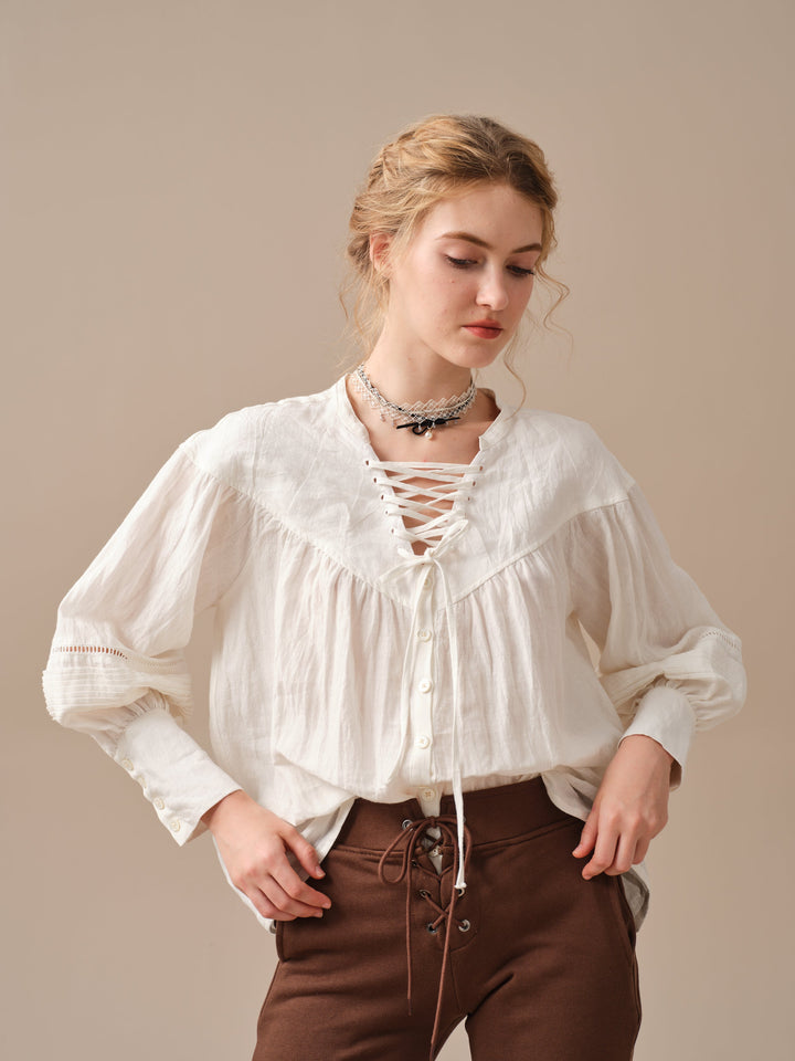 NERIA 21 | Lace up linen shirt blouse