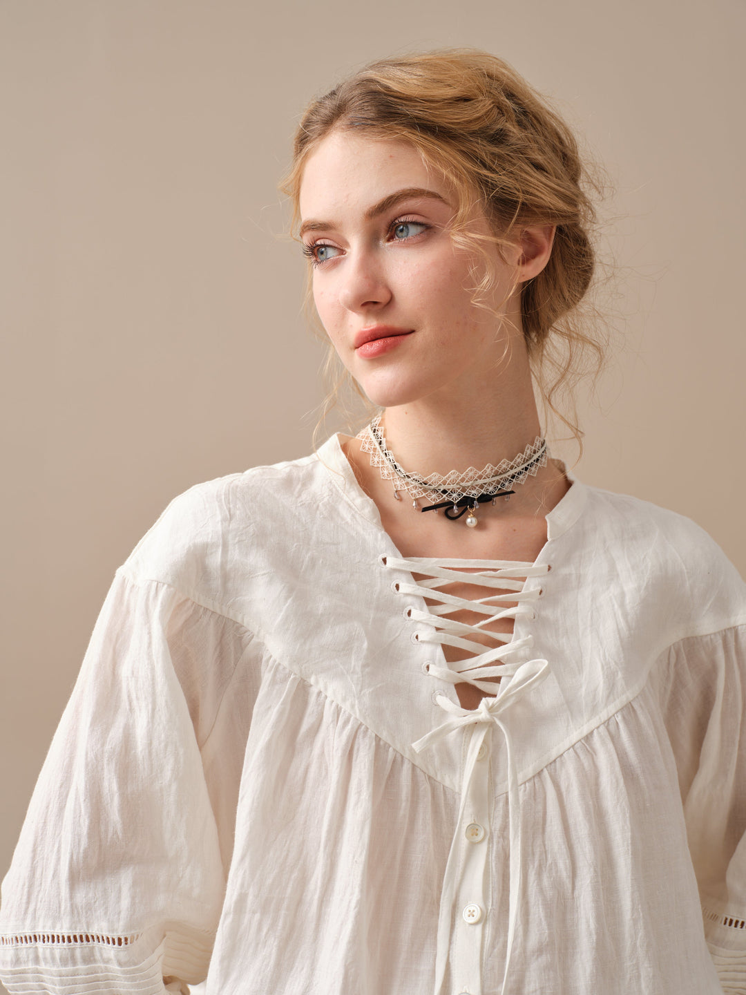 NERIA 21 | Lace up linen shirt blouse