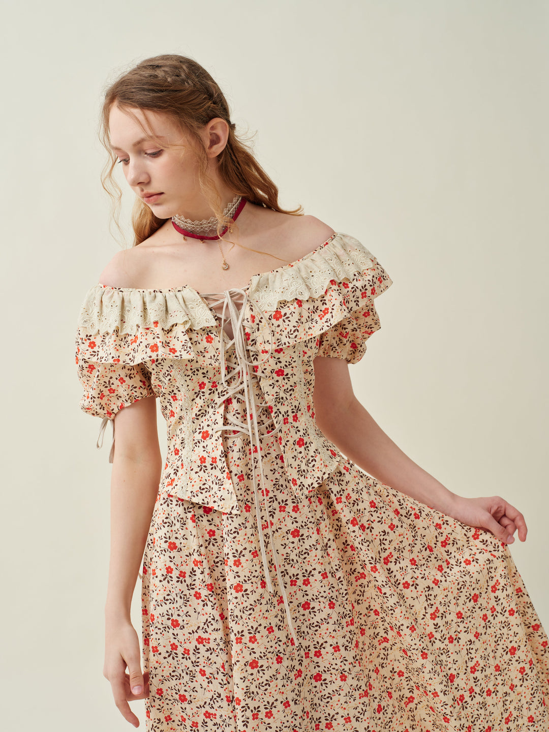 Leanne 17 | lace up floral linen dress with lace