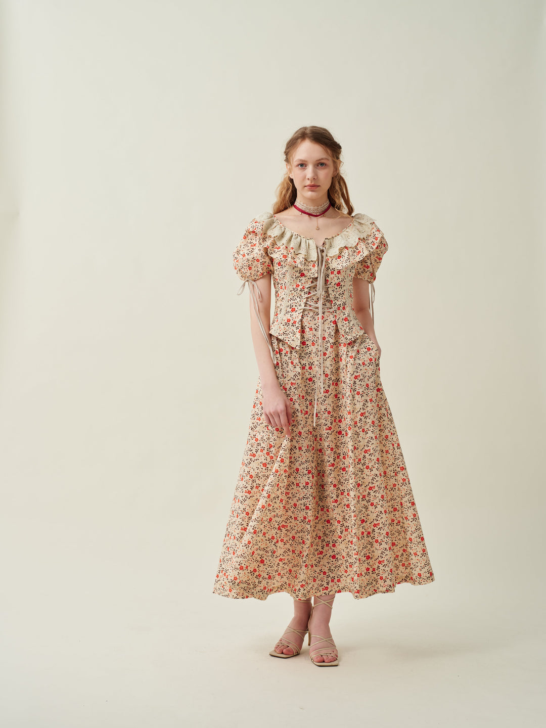 Leanne 17 | lace up floral linen dress with lace