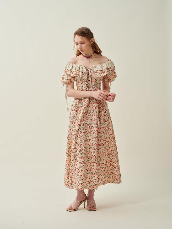 Leanne 17 | lace up floral linen dress with lace