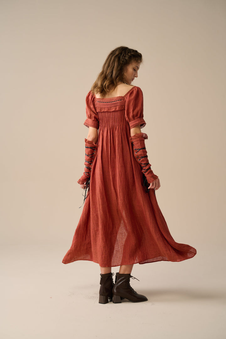 Daphne 26 | Pleated linen dress(with lace-up arm sleeves )