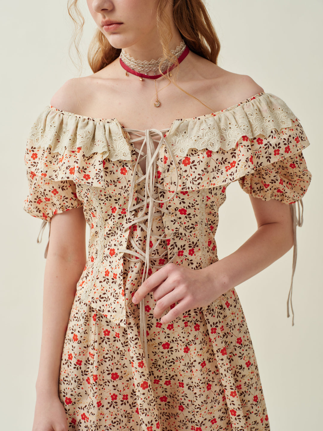 Leanne 17 | lace up floral linen dress with lace