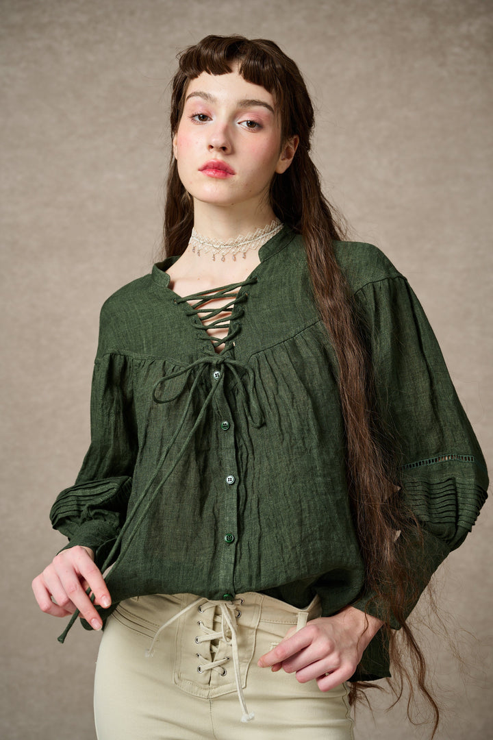 NERIA 21 | Lace up linen shirt blouse