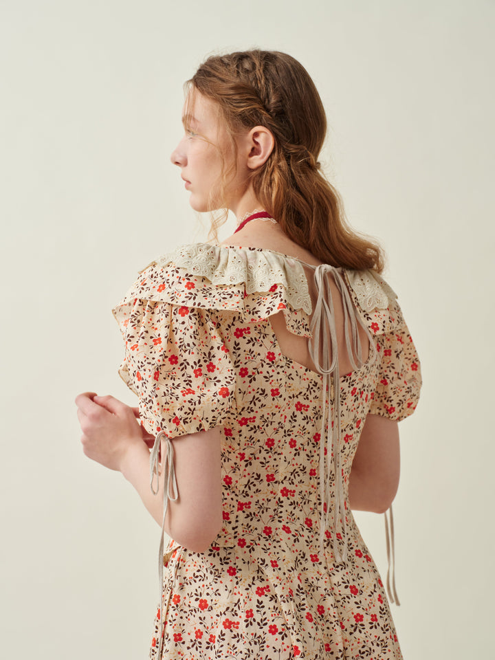 Leanne 17 | lace up floral linen dress with lace