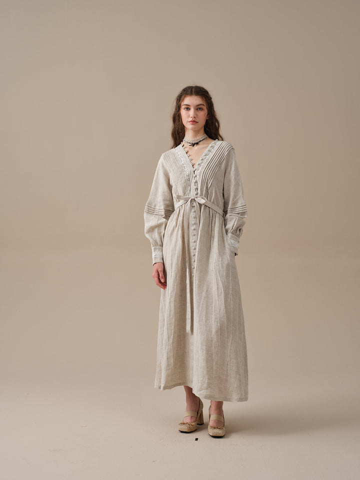 Octavia 17 | pintucked V-neck linen Dress