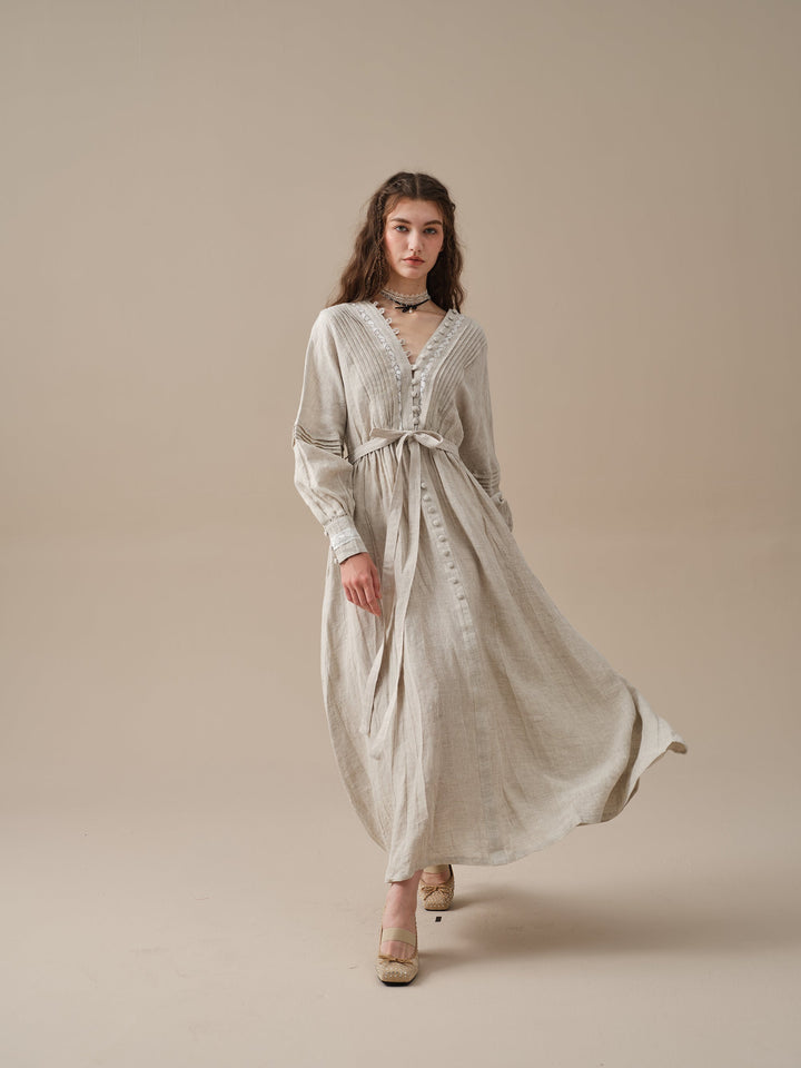 Octavia 17 | pintucked V-neck linen Dress