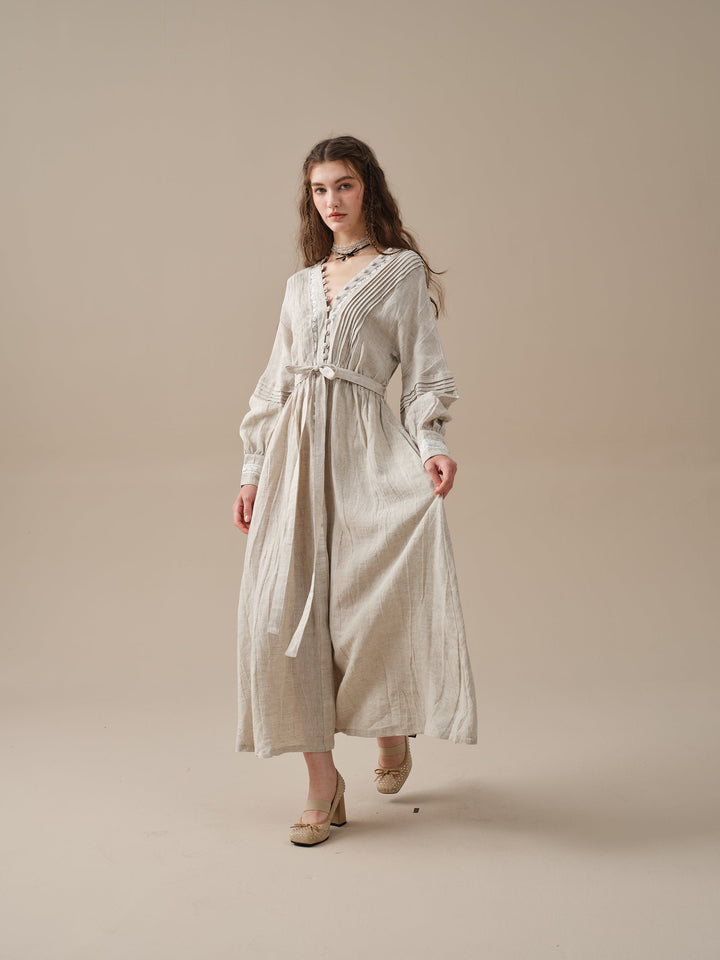 Octavia 17 | pintucked V-neck linen Dress