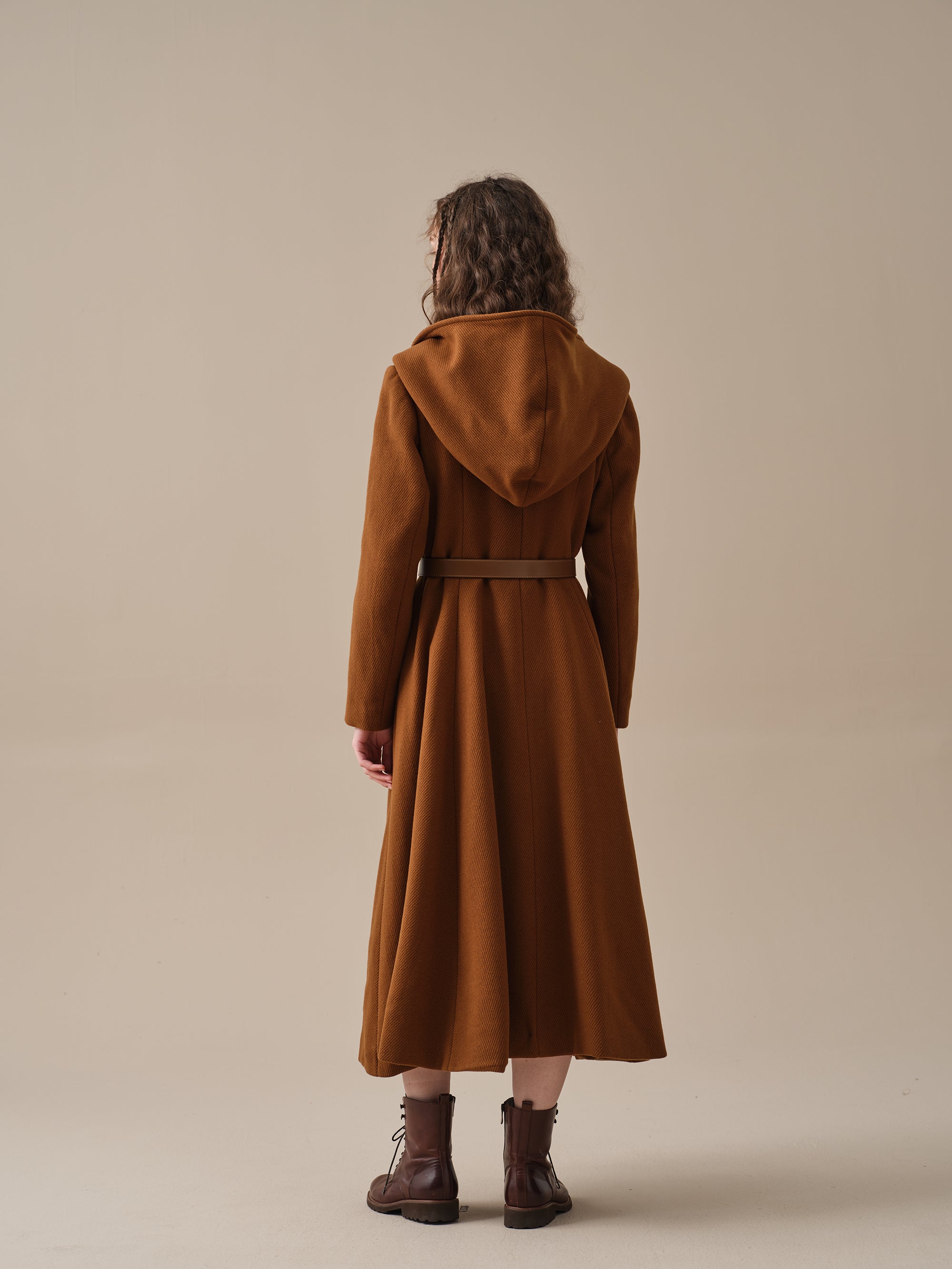 Braetan Tan Wool Hooded Long Full Length 2024 Coat 26/28