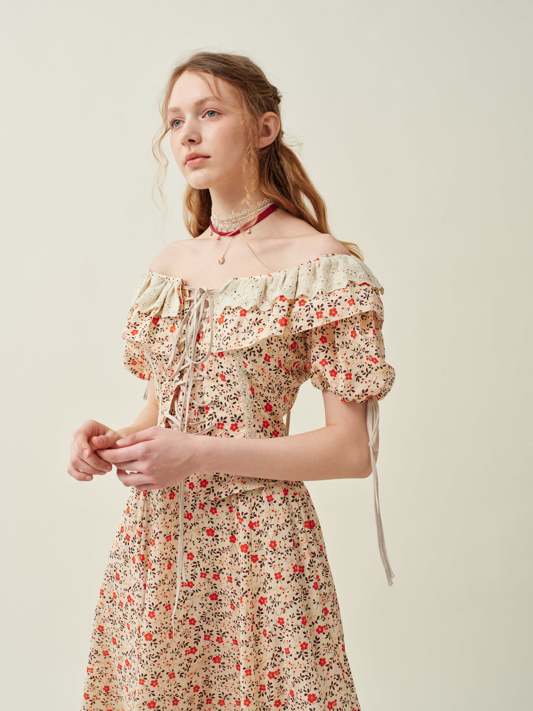 Leanne 17 | lace up floral linen dress with lace