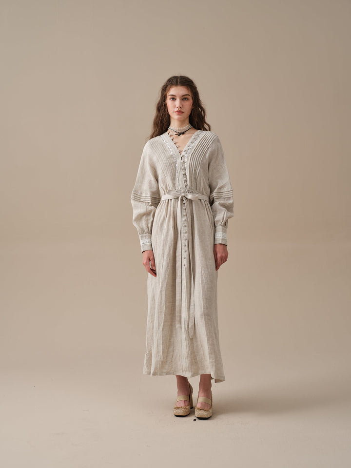 OCTAVIA 17 | PINTUCKED V-NECK LINEN DRESS