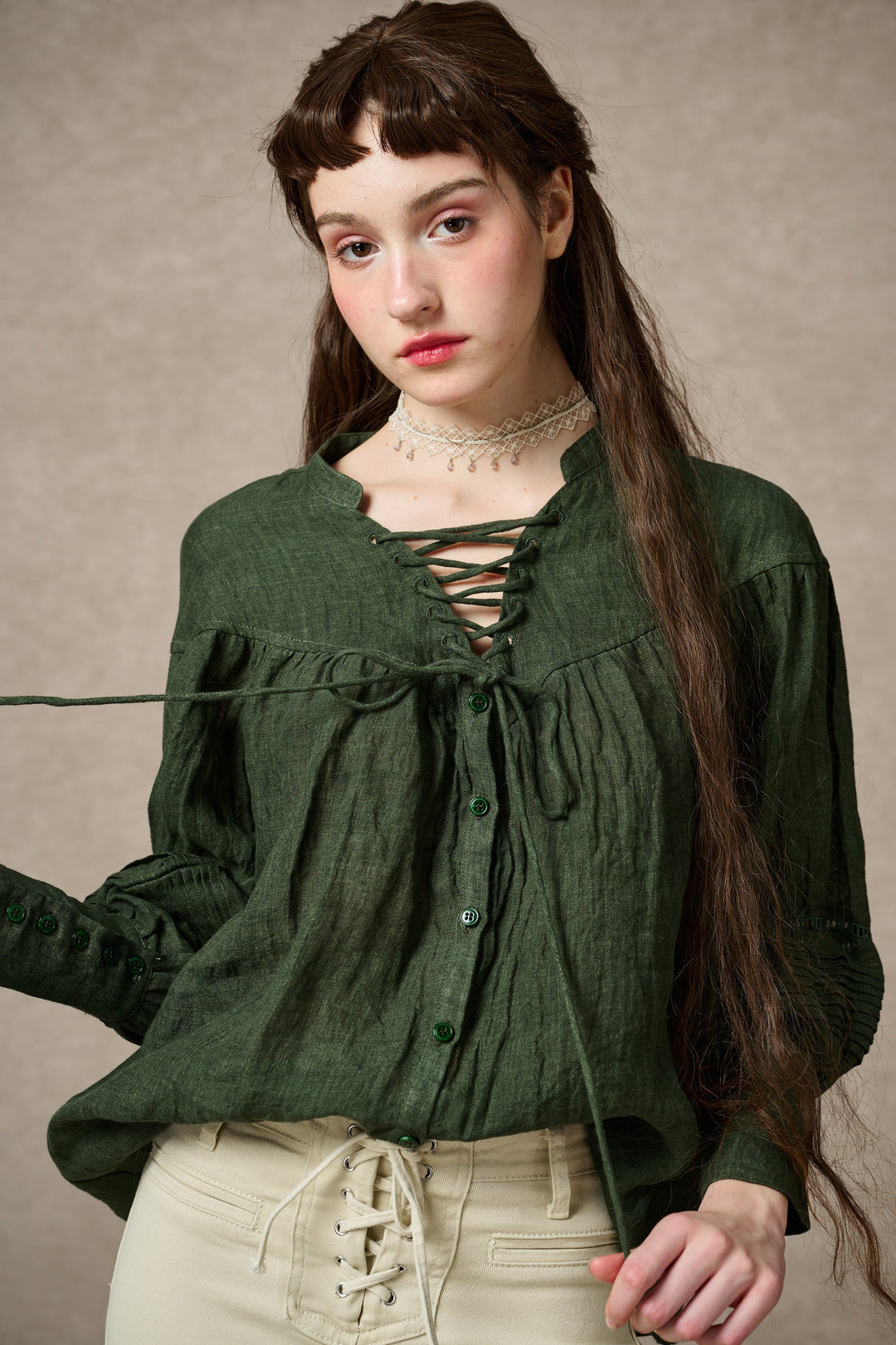 NERIA 21 | Lace up linen shirt blouse