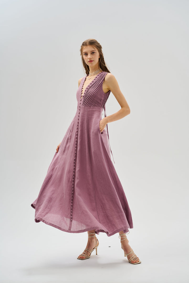 Rebecca 18 | Pleated Maxi Linen Dress