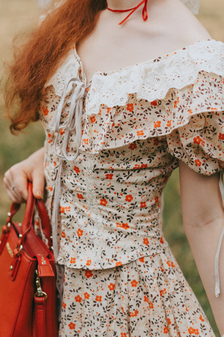 Leanne 17 | lace up floral linen dress with lace