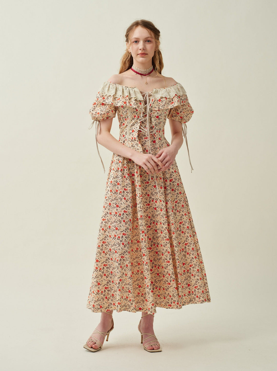 Leanne 17 | lace up floral linen dress with lace