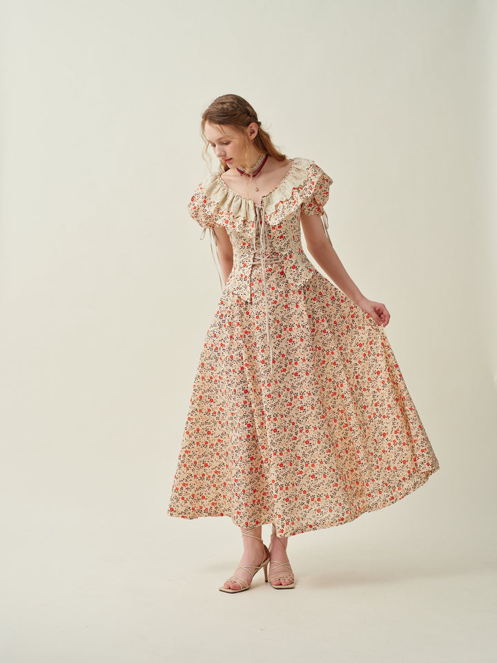 Leanne 17 | lace up floral linen dress with lace