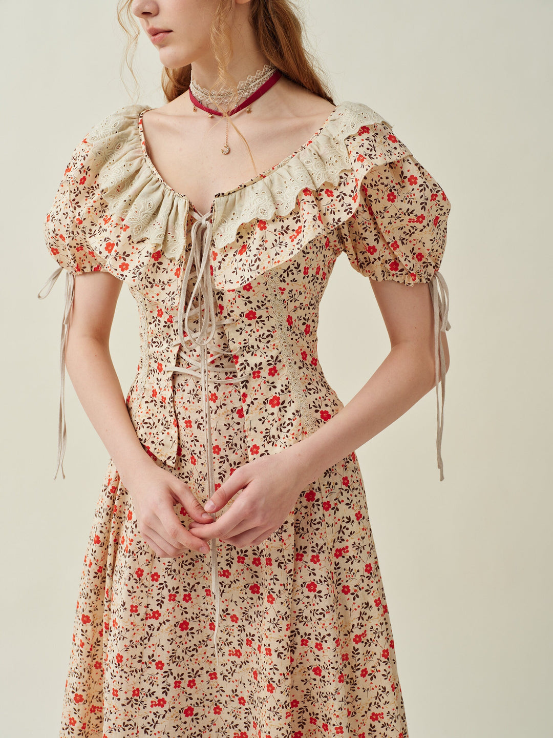 Leanne 17 | lace up floral linen dress with lace