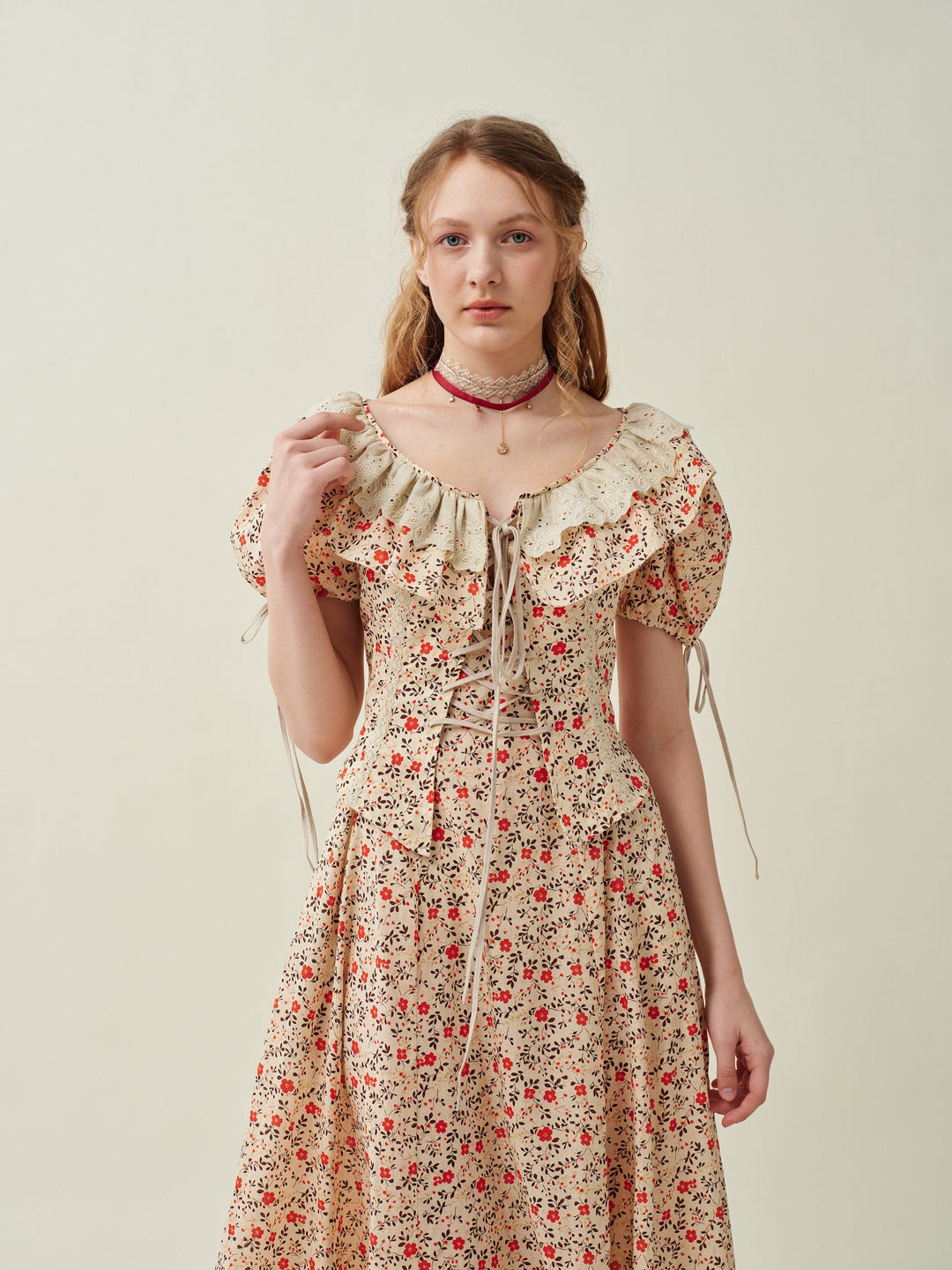 Leanne 17 | lace up floral linen dress with lace