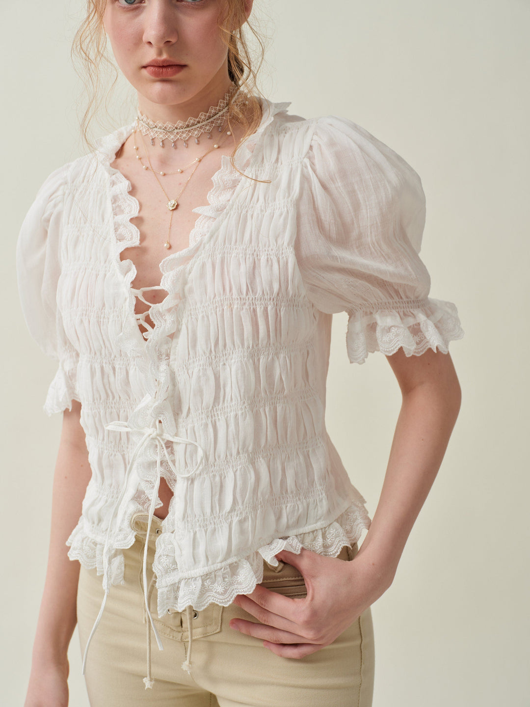 Luna 26 | lace up linen top blouse