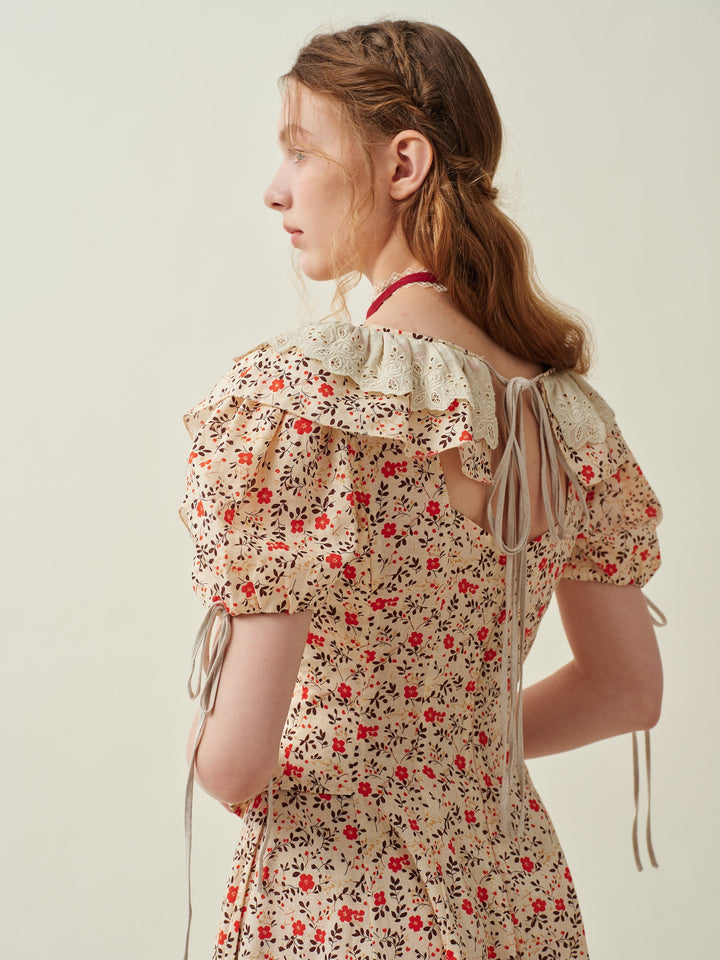 Leanne 17 | lace up floral linen dress with lace