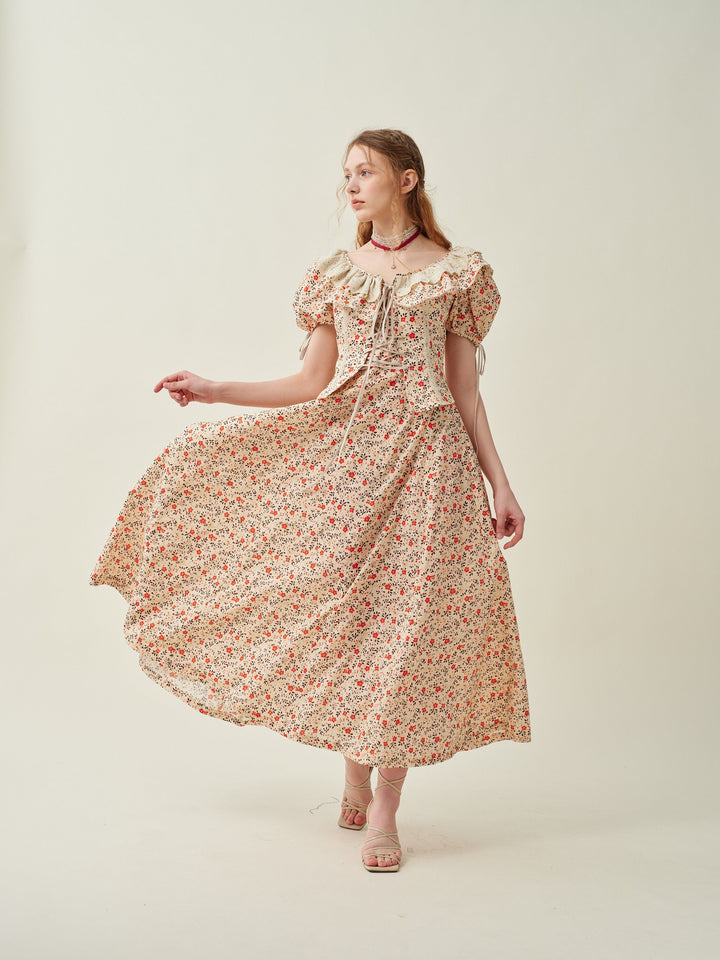 Leanne 17 | lace up floral linen dress with lace