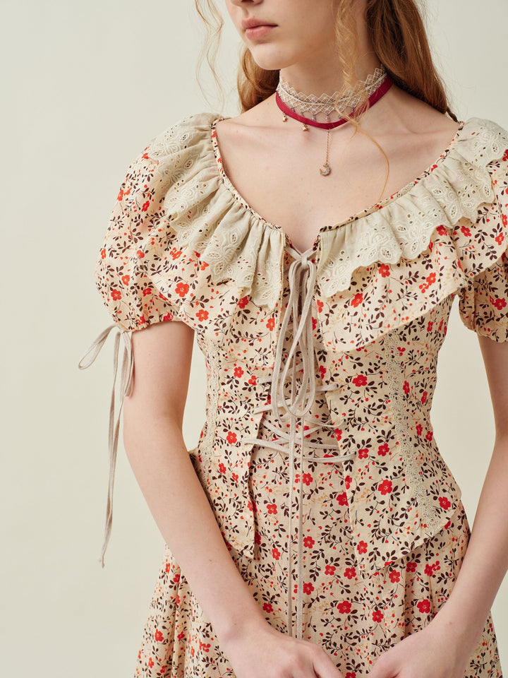 Leanne 17 | lace up floral linen dress with lace