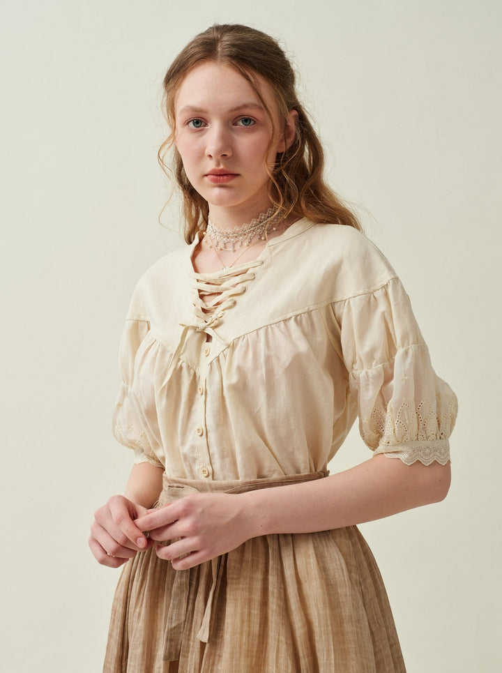 NERIA 21 | Lace up linen shirt blouse