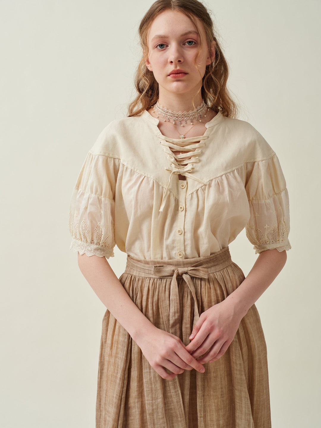 NERIA 21 | Lace up linen shirt blouse