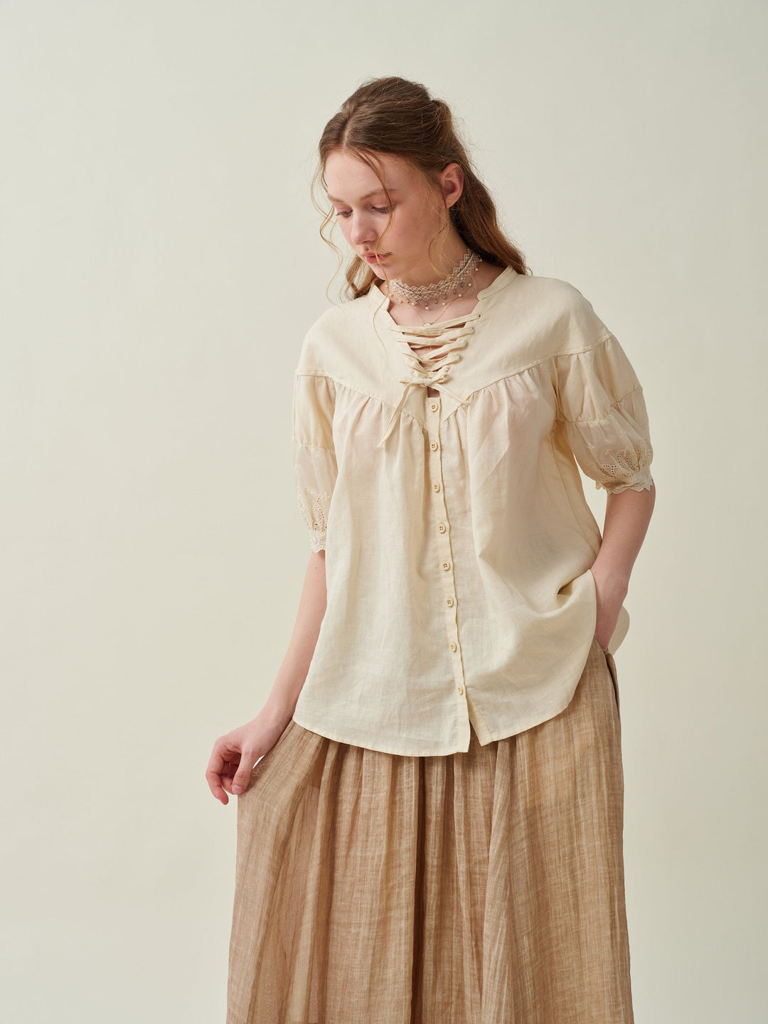 NERIA 21 | Lace up linen shirt blouse