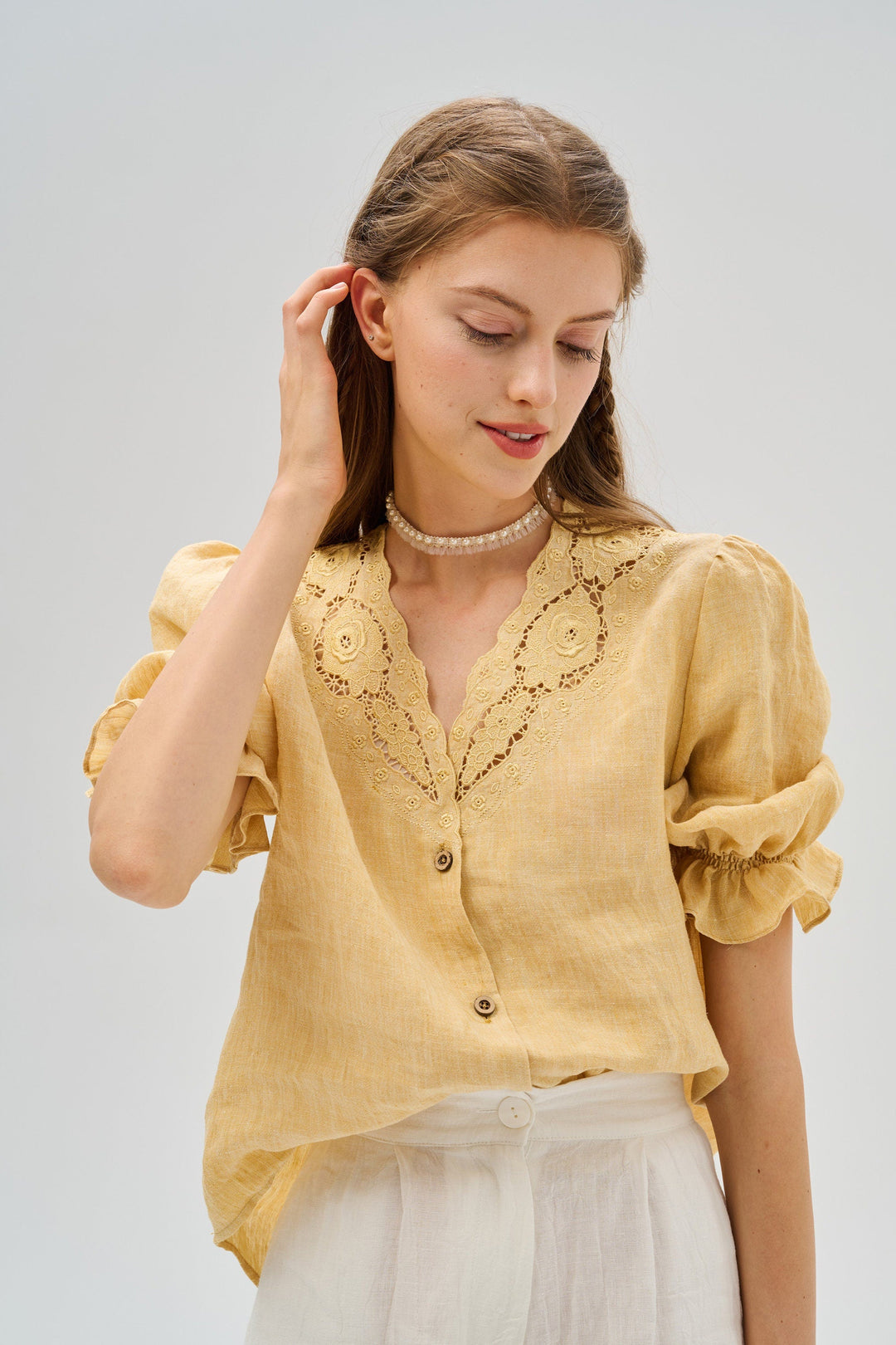 Summer 17 | openwork 100% linen blouse with lace