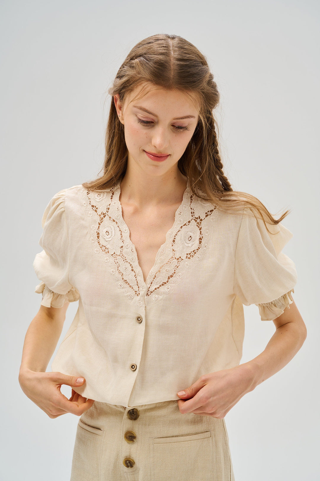 Summer 17 | openwork 100% linen blouse with lace