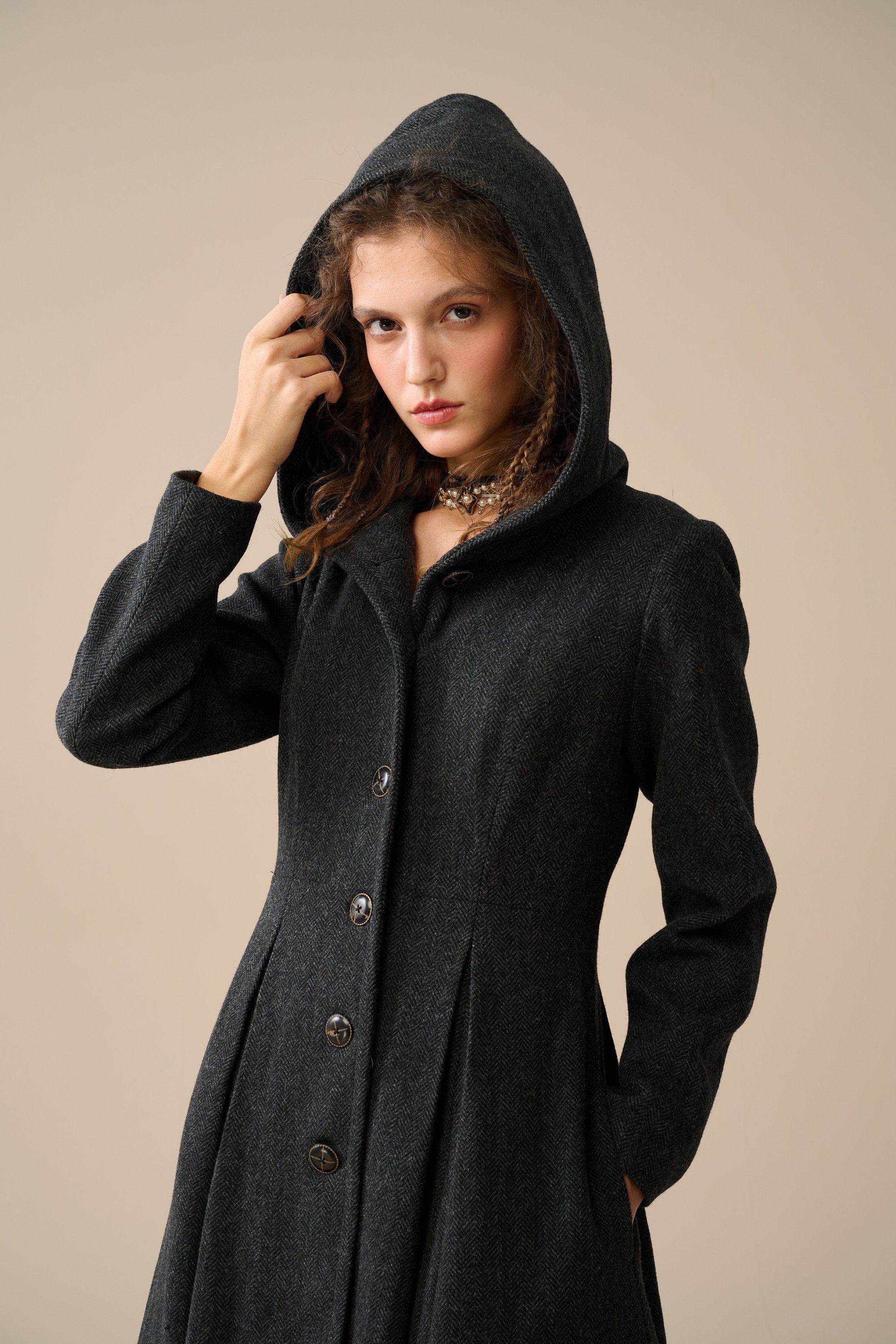 Black hooded wool coat womens online