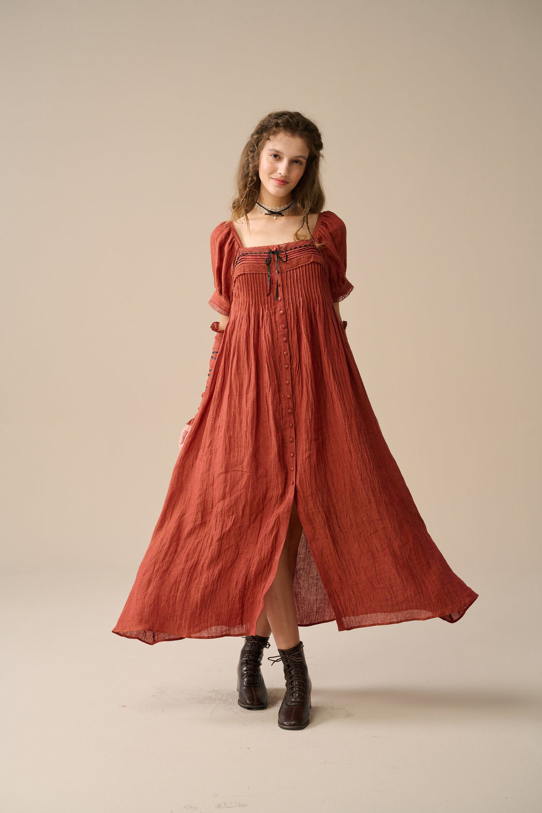 Daphne 26 | Pleated linen dress(with lace-up arm sleeves )