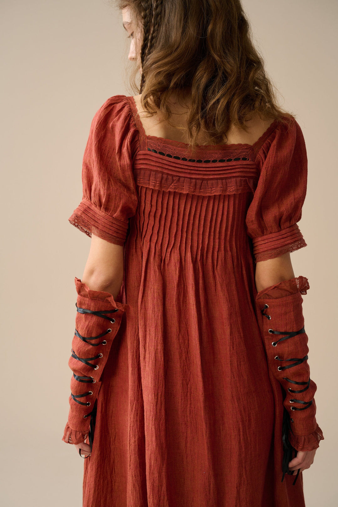 Daphne 26 | Pleated linen dress(with lace-up arm sleeves )