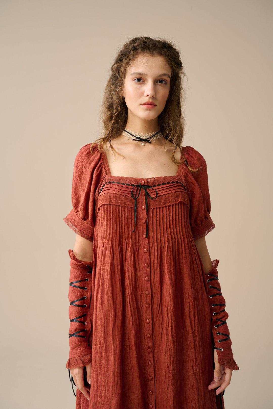 Daphne 26 | Pleated linen dress(with lace-up arm sleeves )