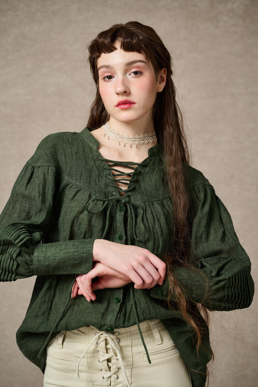 NERIA 21 | Lace up linen shirt blouse