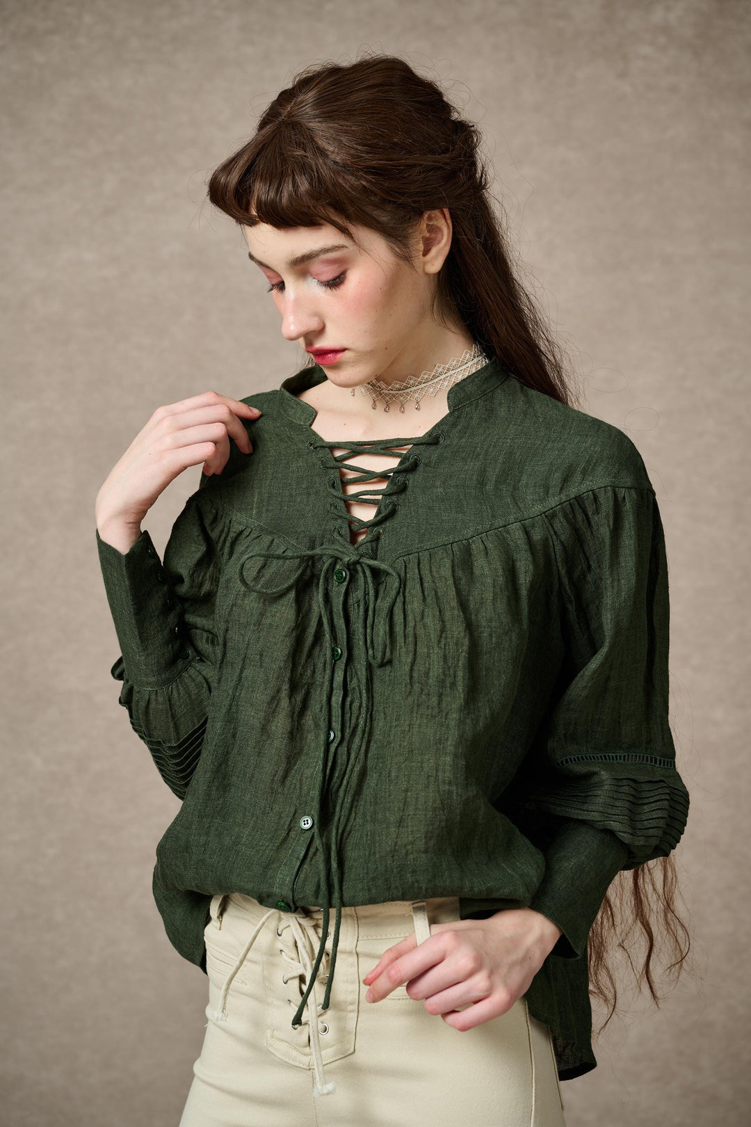 NERIA 21 | Lace up linen shirt blouse