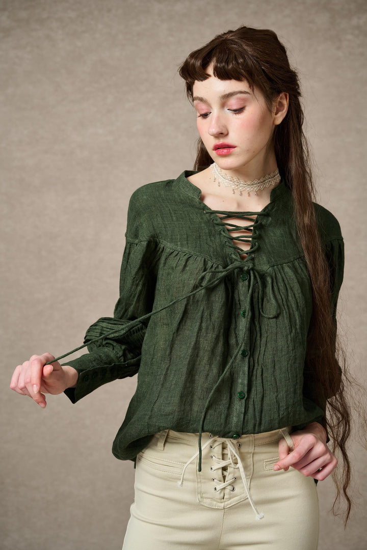 NERIA 21 | Lace up linen shirt blouse