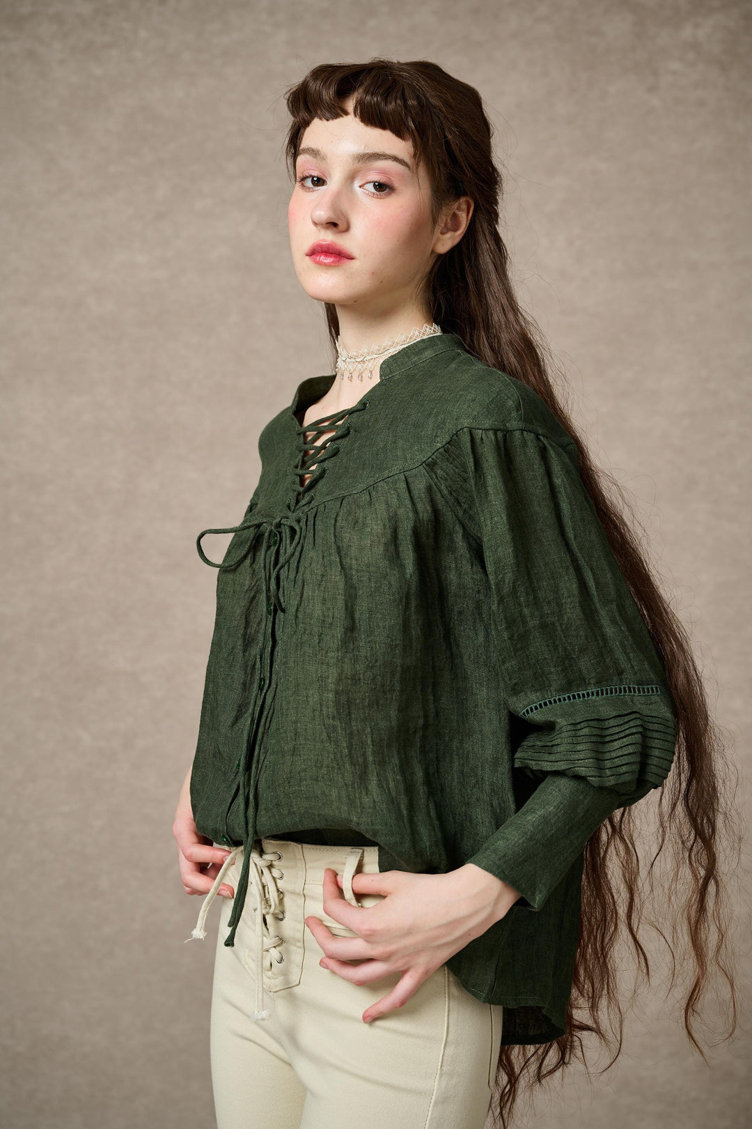 NERIA 21 | Lace up linen shirt blouse