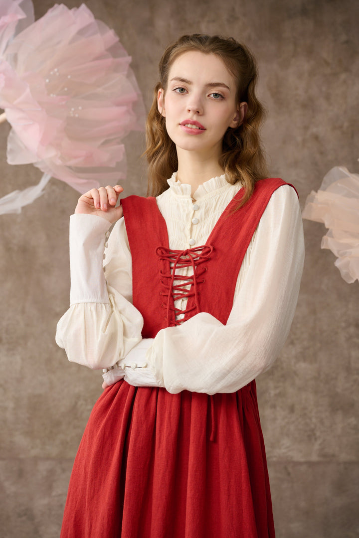 Poet's jasmine 31| lace-up pinafore linen dress in red