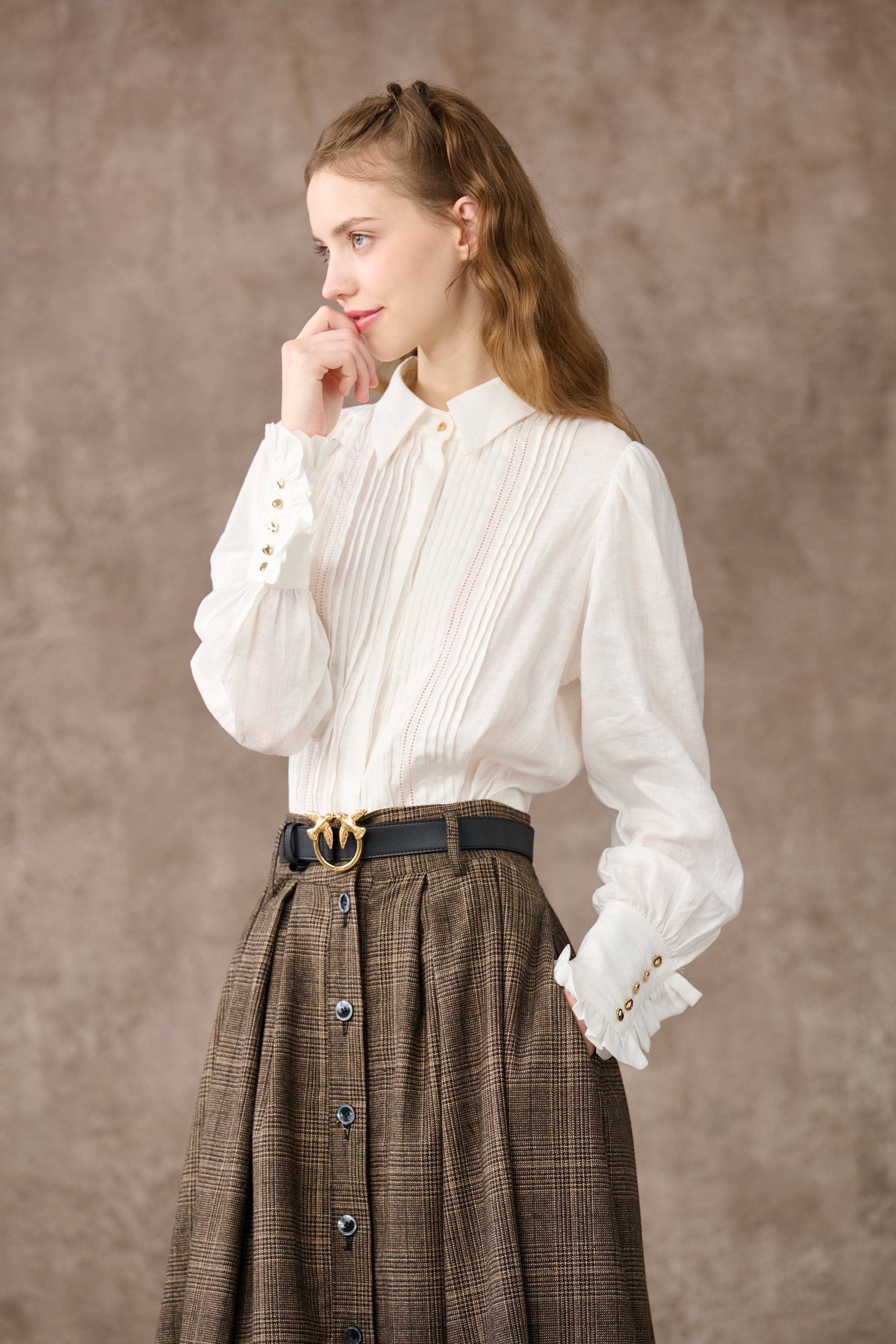 Cream plaid wool skirt hotsell