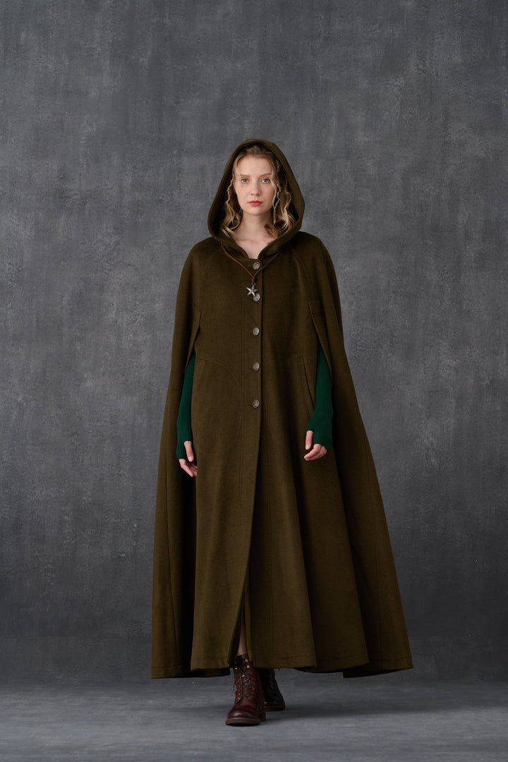 Parini 33 | Maxi Hooded wool coat cloak in olive