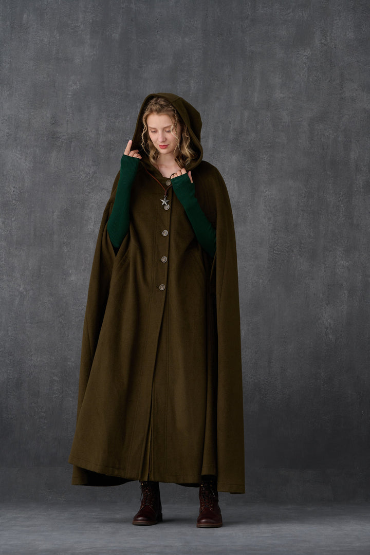 Parini 33 | Maxi Hooded wool coat cloak in olive