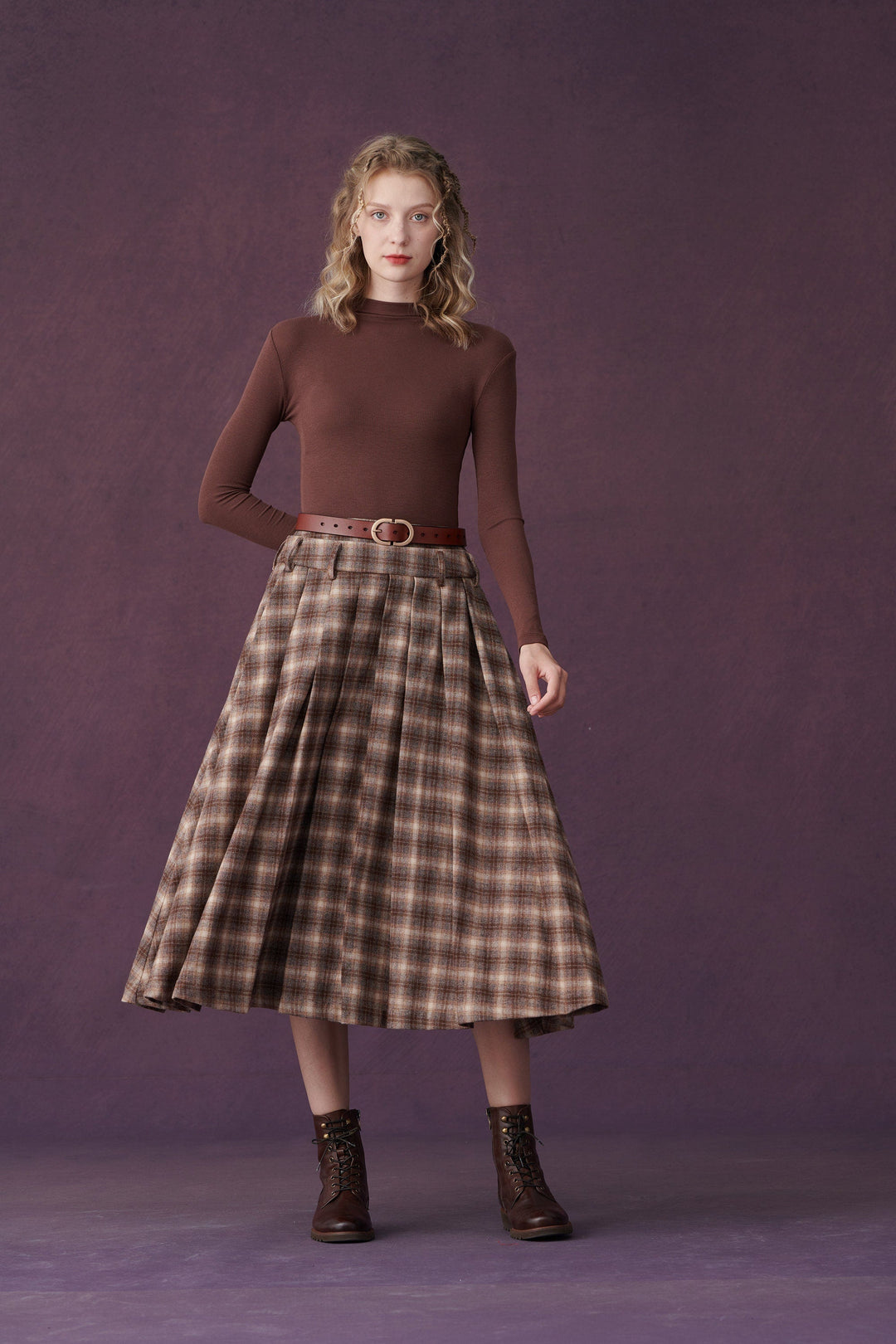 City Exclusives 11 | Check wool skirt in brown