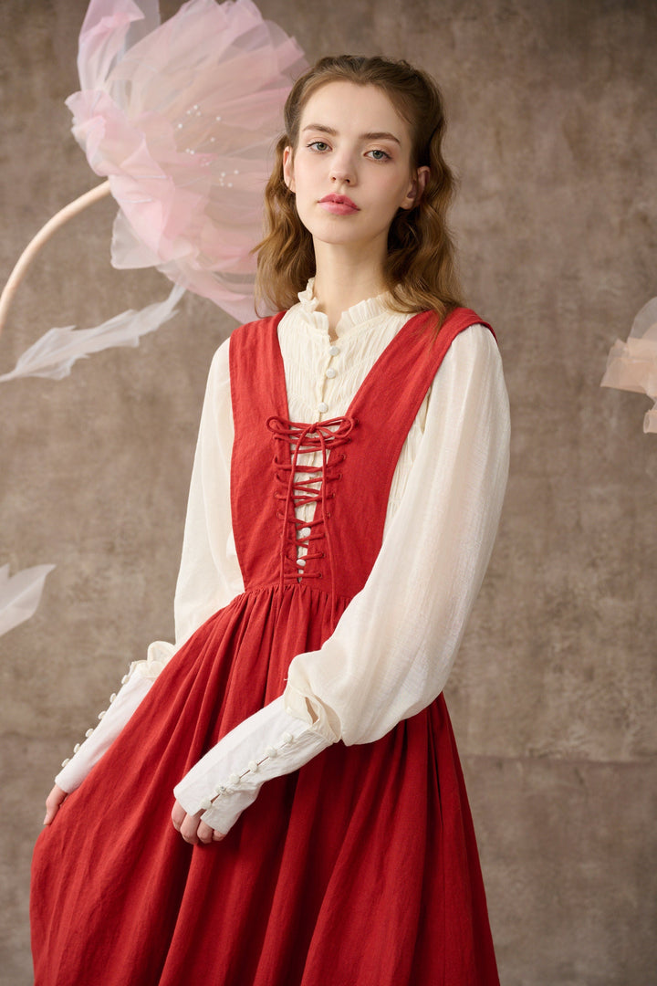 Poet's jasmine 31| lace-up pinafore linen dress in red