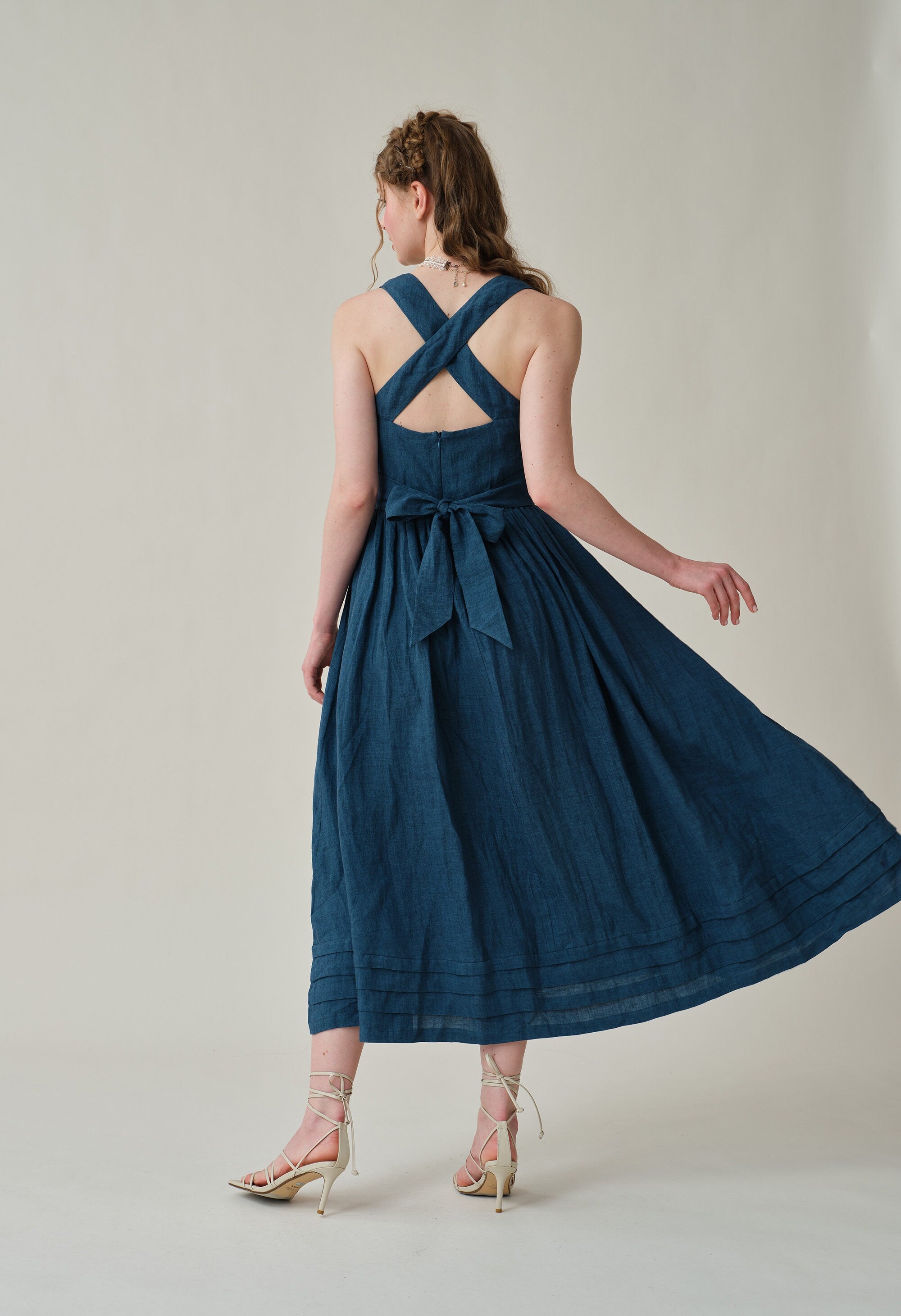 Navy linen dresses deals
